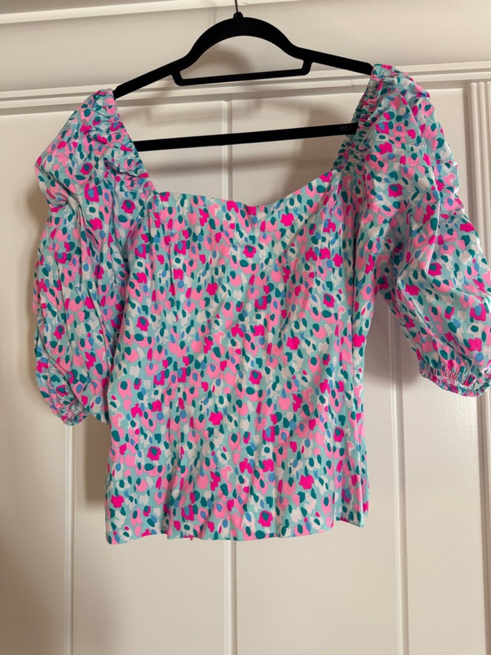 Lilly Pulitzer Women’s Pink Teal Puff-Sleeve Square-Neck Top